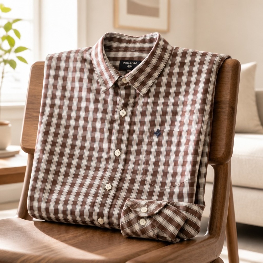 Dockers Men's Brown and White Plaid Button-Down Shirt Size L
